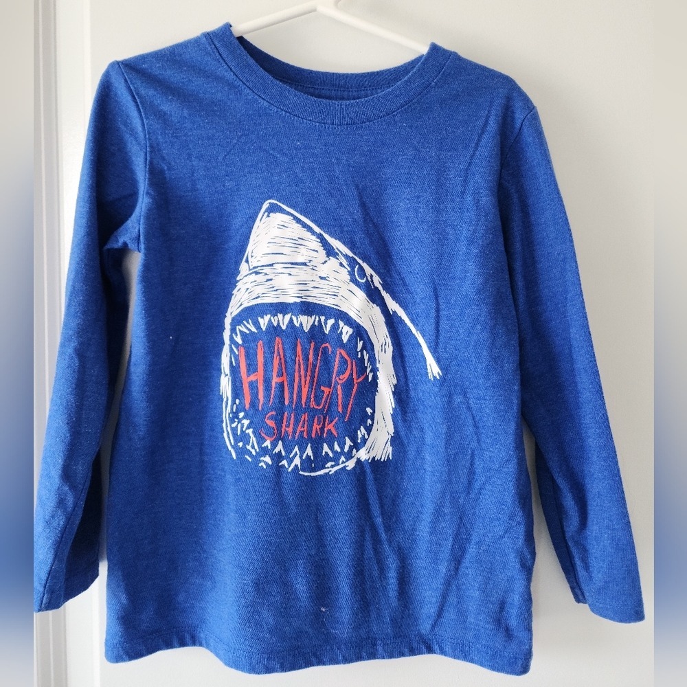 Kid's sz 5T Blue Hangry Shark Graphic Long Sleeve Tee Shirt Animal Ocean School